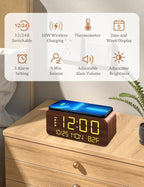 Digital Alarm Clock, with Wooden Electronic LED Time Display, 3 Alarm Settings, 10W Wireless charging, Day of the week, Temperature Detect, Wood Made Digital Clocks for Office, Bedroom, Bedside, Brown