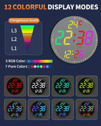 GLOKUUCA 12" Large Digital Wall Mount Clock, Count Down Timer, Alarm, Big LED, 12 RGB Color, Temperature for Living Room Classroom Desk, Xmas, Birthday Gift for Senior Mom (Fabric Elements)