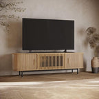POVISON Fully-Assembled Mid Century Modern TV Stand for 70 inch TV, Sliding Door Entertainment Center with Storage, Wood TV Console, Media Console for Living Room Bedroom(Oak, 70.87")