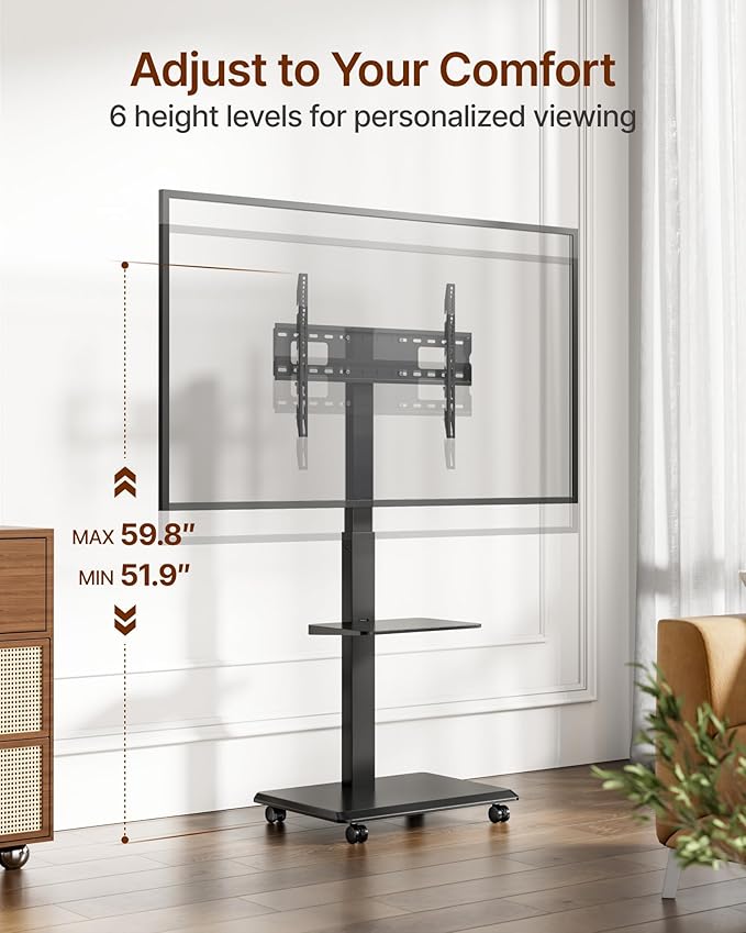 ECOTINY Steel Base Rolling TV Stand with Power Outlet for 32-75 inch TVs up to 110 lbs, Leveling & Tilt & Swivel Mobile TV Stand with Hidden Wire Management, Height Adjustable Portable Tv Stand, Black