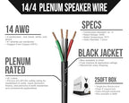 Voltive 14/4 Speaker Wire, Plenum CL3P, Black, 250ft - 14AWG, 4 Conductors, Stranded Oxygen-Free Copper, UL Listed - V-1216-1