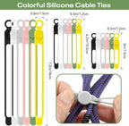 CozyNestMo Silicone Cable Ties Reusable, Elastic Wire Organizer Ties, for Charging Cables, Electrical Cords, Computer Wires, USB Data Cable Management, Cord Organizer (6 Colors, 3 Sizes)