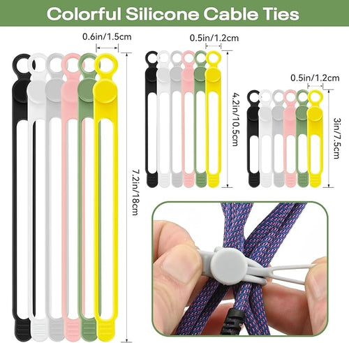 36Pcs Silicone Cable Ties, 6 Colors Data Cable Organizer Ties, 3 Sizes Cord Ties for Charging Cables, Wire Organizers, Electrical Cords, Computer Wires, Cord Organizers