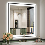 YEELAIT 32x36 Inch LED Bathroom Mirror with Lights (Front Lit and Backlit) Black Framed Lighted Vanity Mirror for Bathroom Wall Dimmable Anti-Fog Memory Tempered Glass Horizontal/Vertical