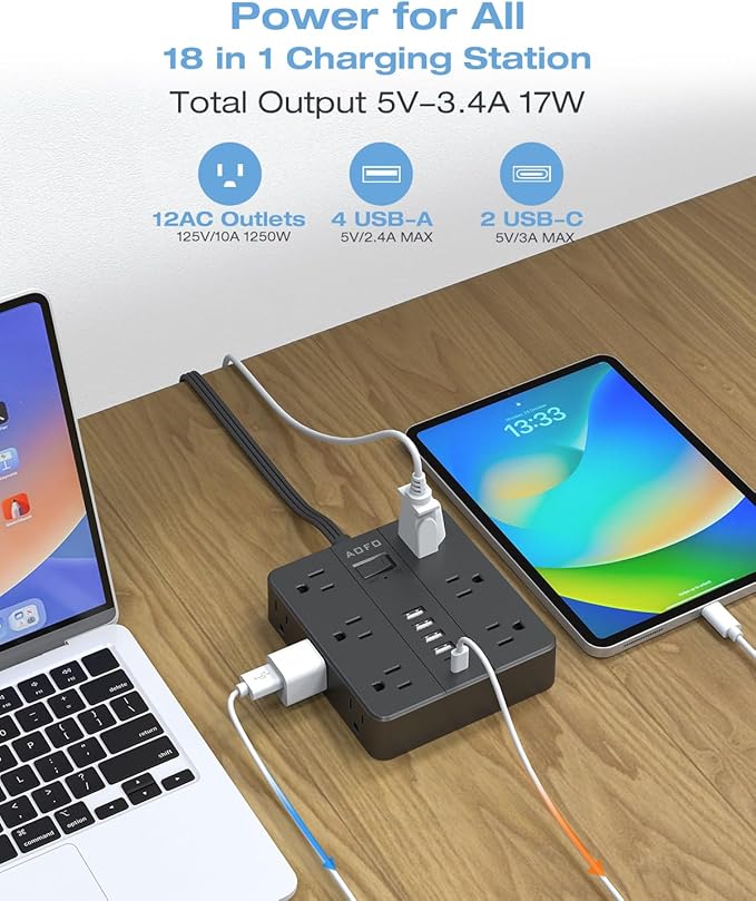 AOFO 10FT Surge Protector Power Strip,12 AC Outlets with 6 USB Ports (2 USB-C), Flat Plug Extension Cord with Multiple Outlets, Wall Mount for Home Office,Dorm,Black