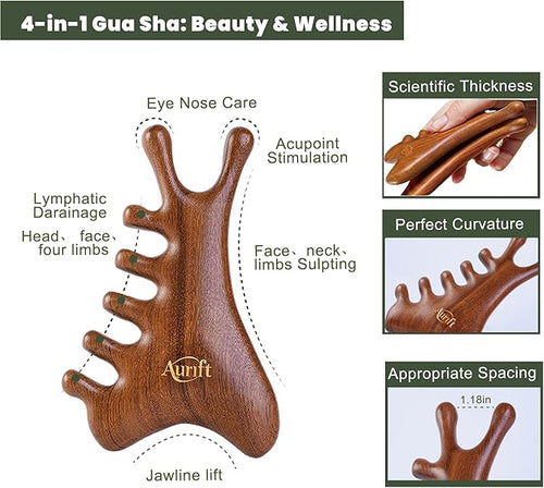 4-in-1 Wooden Gua Sha Facial Tools & Hair Detangler Brush Set – Manual Guasha tool for Face & Jawline Lifting, Double Chin Reduction, Scalp & Head Massager, Eye & Ear Acupressure, Gift for Women