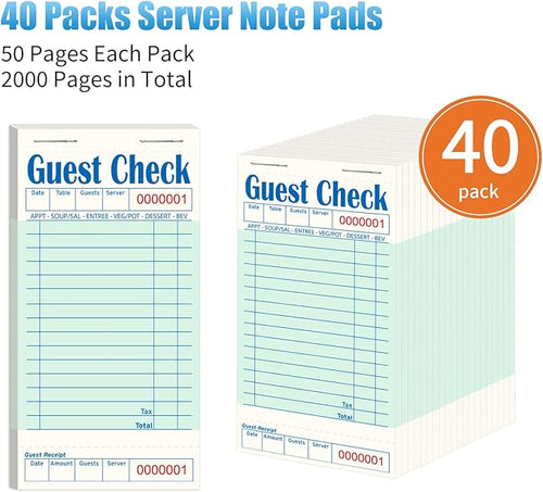 40 Pack/2000 Tickets Guest Checks Books for Servers, Green Server Books for Waitress, Server Note Pads for Restaurants