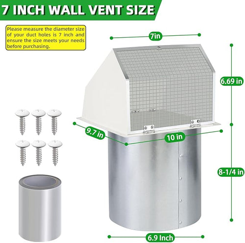 7Inch Hooded Wall Vent with Screen and Damper,Galvanized Steel Exhaust Vent Cover Cap Outside,Wall Vent Cover Exterior Outdoor Vent Hood for Kitchen Range Hood Laundry Dryer Bathroom Fan Duct Air Vent