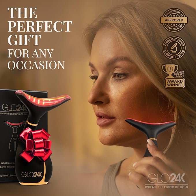 GLO24K Red Light Beauty Device for Face & Neck – 2-Pack, 3-in-1 Facial and Neck Massager with Triple LED & Vibration Technology