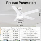 POCHFAN 52 inch White Ceiling Fans with Lights and Remote, Reversible 5 Blades Modern Ceiling Fan for Bedroom, Living Room, Dining Room, LED 3 CCT 6-Speed Noiseless, ETL Listed