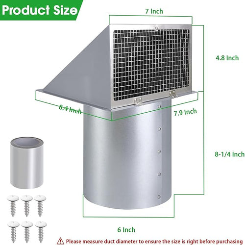 6 Inch Hooded Wall Vent with Screen and Damper,6 Inch Exhaust Vent Cover Cap for Outdoor Kitchen Range Hood Dryer Ventilation,Outside Wall Mount Extractor for House Air Exhaust, Galvanized Steel,Gray