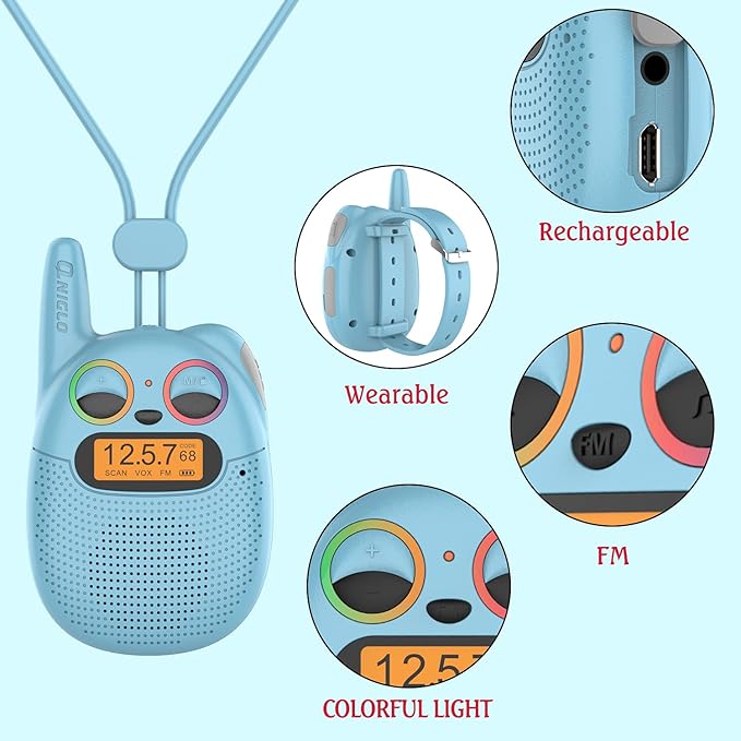 Qniglo Walkie Talkies for Kids Rechargeable 3 Pack, Spy Toys for 4 5 6 7 8 12 Year Old Girls Boys, Kids Walkie Talkies with FM for Outdoor Camping, Christmas Birthday Gifts for Kid Toddler Age 3-12