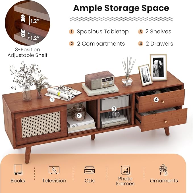 Giantex Mid Century Modern TV Stand for TVs up to 65", Wood Entertainment Center with Open Storage Shelves, PE Rattan Sliding Doors & Drawers, Media TV Console Table for Living Room (Walnut)