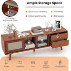 Giantex Mid Century Modern TV Stand for TVs up to 65", Wood Entertainment Center with Open Storage Shelves, PE Rattan Sliding Doors & Drawers, Media TV Console Table for Living Room (Walnut)