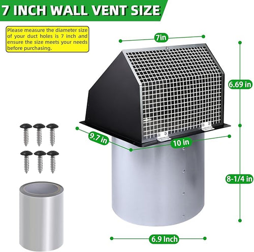 7Inch Wall Vent with Screen and Damper,Galvanized Steel Hooded Wall Vent Cover Cap Exhaust Vent Cover Outside,Exterior Vent Hood Outdoor for Kitchen Range Hood Laundry Dryer Bathroom Fan Duct Air Vent