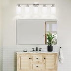 Guliaofo 5-Light Brushed Nickel Vanity Lights, Bathroom Light Fixtures with Textured Milky White Glass Shade, Modern Bathroom Lighting Fixtures Over Mirror Wall Sconce Light - E26 Base