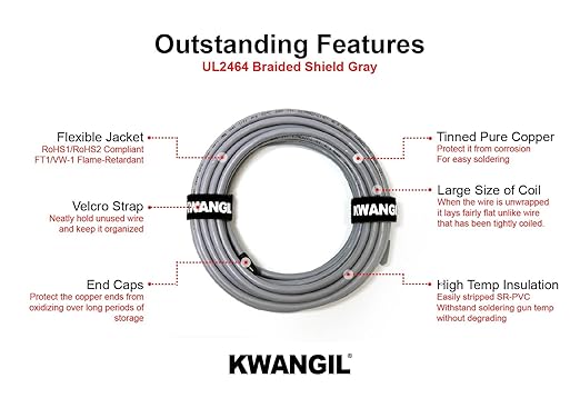 KWANGIL 4C 14AWG AMESB Shielded Cable Wire (UL2464) - Flexible Str TC, PVC Ins, OS+Drain+TC BRD, PVC JKT for CNC Machine, Stepper Motor, VFD Spindle (Gray 25FT)