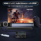 4K@120Hz HDMI 2.1 eARC Audio Extractor 1 in 1 Out Support VRR ALLM HDCP2.3 ARC eARC HDR CEC SPDlF Optical Audio Out Digital EDID for PS5 Xbox NVIDIA AMD