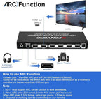 PONYBRO HDMI 2.0 Switch 4 Port with Audio Extractor – 4K@60Hz HDR10, Optical/AUX/ARC Audio Output, Auto-Switching for PS5/Xbox/Soundbar, Dolby Digital & DTS Support, Remote Included.