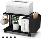 VEDECASA 2 Tier Black Printer Stand with Storage Bag for Home Office Desktop Printer Table Underdesk Organizer Mobile Printer Shelf with Caster Wheel (Black)