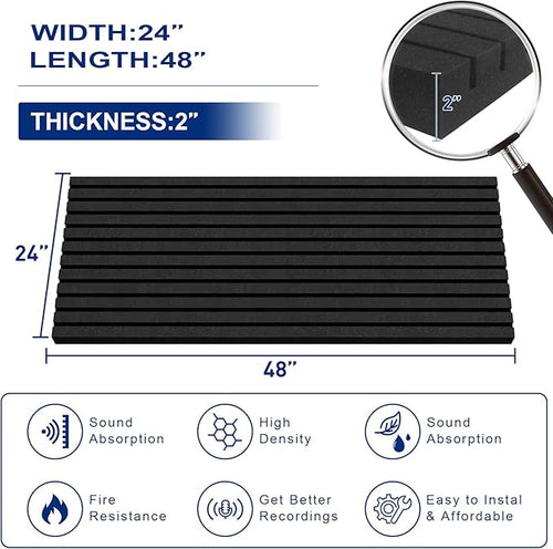 2 Pack Acoustic Foam Panels, 2" X 24" X 48" Wedge Soundproof Studio Foam for Walls,Sound Absorbing Panels, Sound Insulation for Studio, High Density Fireproof Studio Wedges (Black, 2 Pack)