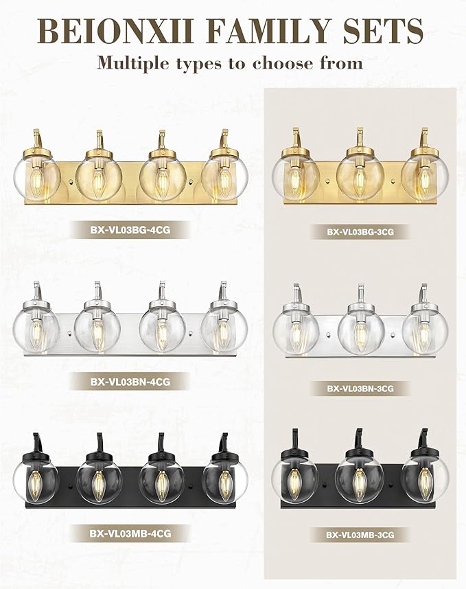 Beionxii 4-Light Bathroom Vanity Light Fixtures, 3 Light Brushed Gold Bathroom Light Fixtures with Clear Glass Shade, Modern Wall Sconces Lighting Over Mirror, Living Room, Hallway, BX-VL03BG-4CG