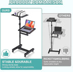 Facilife 2 Shelves Projector Stand Tripod, Height Adjustable Max 64", Mobile Laptop Cart on Wheels Projector Tripod Stand, Overbed Table with Wheels, Rolling Laptop Floor Stand for Couch