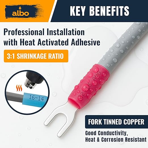 150PCS Red Heat Shrink Fork Spade Connectors #10 – 22-16 AWG Tinned Copper Terminals, Waterproof Wire Crimp Kit for Automotive, Marine, Speaker & Electrical Wiring