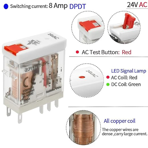 24V AC Relay Electromagnetic Relay 8 Amp 8Pin DPDT 2NO 2NC with Test Button, LED Light Module and Socket Base UL Certification (8 Pin- 5A, AC 24V)