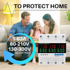 KNMIPJD Over Under Voltage Protection Device, 110V 63A Adjustable Circuit Breaker with LED Display for Real-Time Monitoring of Voltage, Current, Power, Home Commercial Electrical Safety（4P 63A）