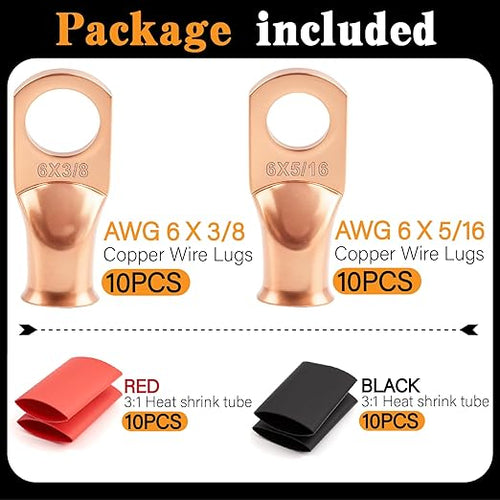 20PCS 6 AWG 5/16 3/8 inch Battery Cable Lugs,6 Gauge Copper Crimp Connector Ring Terminal Wire Ends with 20pcs 3:1 Adhesive Heat Shrink Tubing in Dual-neck Bottle