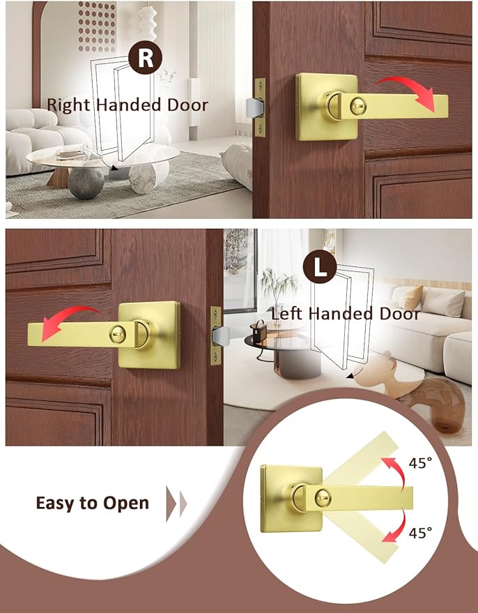 Mengico 6 Pack Gold Privacy Lever Door Handle Interior with Lock, Heavy Duty Square Door Lock for Bed/Bath, Keyless Door Locksets, Reversible for Left Right Handed Doors