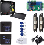 MENGQI-CONTROL 2 Doors Smart Access Control for Fire Exit Door Rim Exit Devices with Push Bar Electric Strike Lock RFID Keypad Reader 110V Power Supply Box Keychains Cards(Phone APP Remote Open Door)
