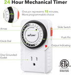 BN-LINK 24 Hour Plug-in Mechanical Timer Grounded for Aquarium, Grow Light, Hydroponics, Indoor Lighting, Home Appliances, ETL Listed 125VAC, 60 Hz, 1875W, 15A, 1/2HP (1 Pack)