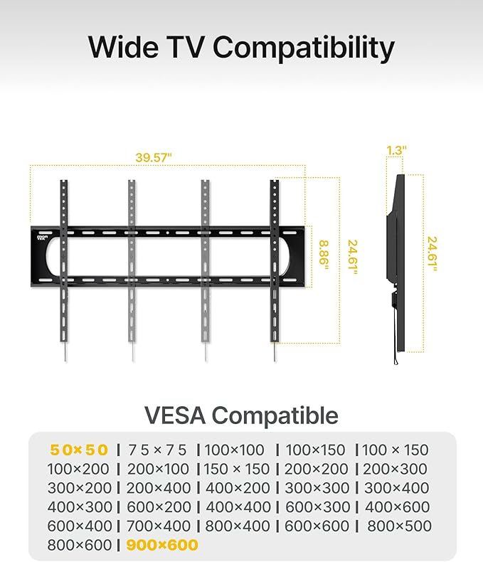 monTEK Heavy Duty Fixed TV Wall Mount Bracket for 60–120" Flat & Curved TVs up to 300lbs, 4× Load Tested, Ultra Slim 1.3" Low Profile, Max VESA 900x600, Quick-Release Lock, Fits 16"/18"/24" Wood Studs
