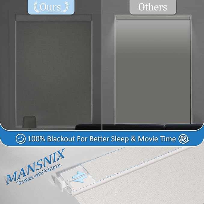 MANSNIX Smart Motorized Blinds with Remote, Cordless No-Drill Automatic Roller Shades, Blackout Electric Blind for Windows, Linen Stone, 34.5 x 72