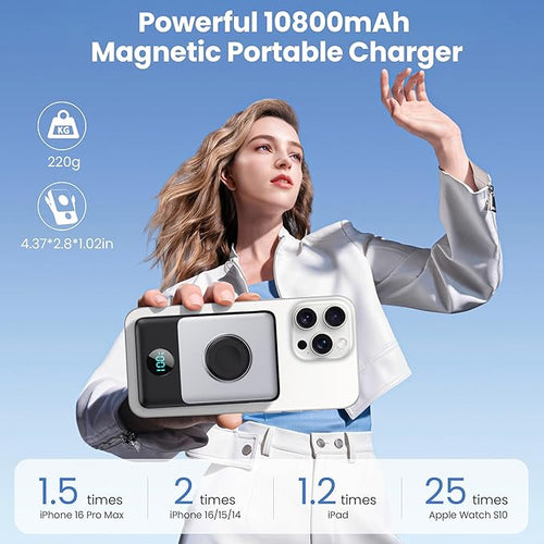 6 in 1 Magnetic Portable Charger for iPhone with Built-in Cables, 10800mAh 25W PD Fast Charging Power Bank, 6 Outputs LCD Display Travel Essential Battery Pack for iPhone 17/16/15/14/13/12,Apple Watch