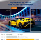 8K 60HZ HDMI Switch 4 In 1 Out with 7.1CH Audio Extractor and ARC, FERRISA HDMI 2.1 Switch Audio Converter Support Optical, L/R Audio, 4x1 HDMI Switch with Remote Support CEC, UHD, HDCP2.2, 3D, 40Gbps