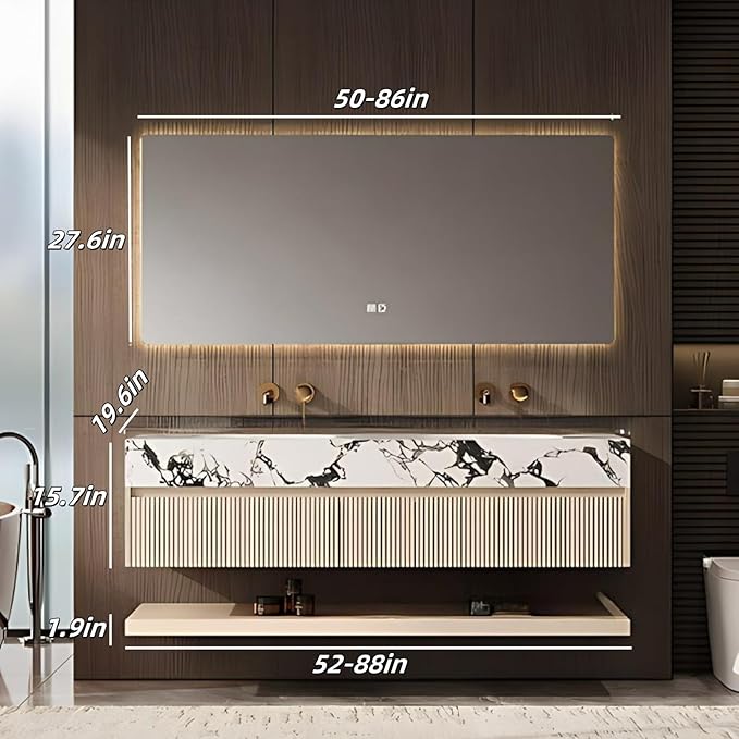 Fashionable Bathroom Vanity with Sink, Smart One-Click Defogging & LED Light, Bathroom Sink and Cabinet with Wave Striped Panel, Rockslab Countertop (Mirror, 64IN)