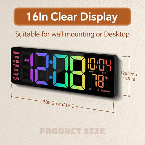 16" Digital Wall Clock with Night Light, Digital Clock with RGB Colors Changing Remote Control, Dual Alarm, Dimmer, Auto DST, Voice Control, Auto Time Sync, Clocks for Living Room, Gift for Elderly