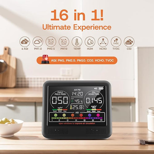 16-in-1 Indoor Air Quality Monitor with PM1.0,PM2.5,PM10,CO2,HCHO,TVOC,Temperature,Humidity,Time Display &7 AQI Alarms – Professional Air Quality Tester for Home, Office & Indoor Use (Shinning Black)