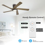 WINGBO 48 Inch Flush Mount DC Ceiling Fan with Lights and Remote, 5 Reversible Carved Wood Blades, 6-Speed Noiseless DC Motor, Hugger Ceiling Fan in Graphite Finish with Gray Blades, ETL Listed