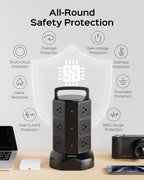 Power Strip Tower Surge Protector, JACKYLED 1625W 13A Outlet Surge Electric Tower, 12 Outlets 6 USB Ports Charging Station with 16AWG 6.5ft Heavy Duty Extension Cord for Home Office Dorm Black