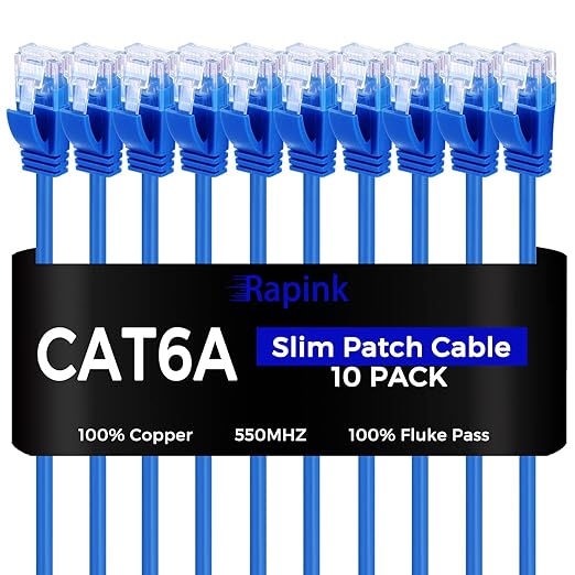 Rapink Patch Cables Cat6a 20ft (10 Pack) Slim, Cat6a Ethernet Patch Cable 10G Support, Snagless Cat 6 Patch Cable for Patch Panel to Switch, Flexiable Cat 6a Ethernet Cable with Gold Plated