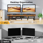 NestNeat Dual Monitor Stand, 35.4 Inch Monitor Stand Riser for 2 Monitors, 2 Tiers Wood Desk Shelf with Storage, Desktop Organizer Stand for Computer, Laptop, Printer, TV (Walnut, 35.4in)