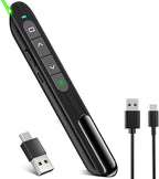 Presentation Clicker for Powerpoint with Green Light Pointer, 2-in-1 USB Type C Rechargeable Wireless Clicker with Hyperlink Volume Control, Pointer for Presentations Support Mac Windows