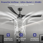 ocioc 52 Inch Ceiling Fans with Lights and Remote,Modern Ceiling Fan with Quiet Reversible DC Motor,6 Speeds,Timer,Dimmable, Black Ceiling Fan for Bedroom,Patios