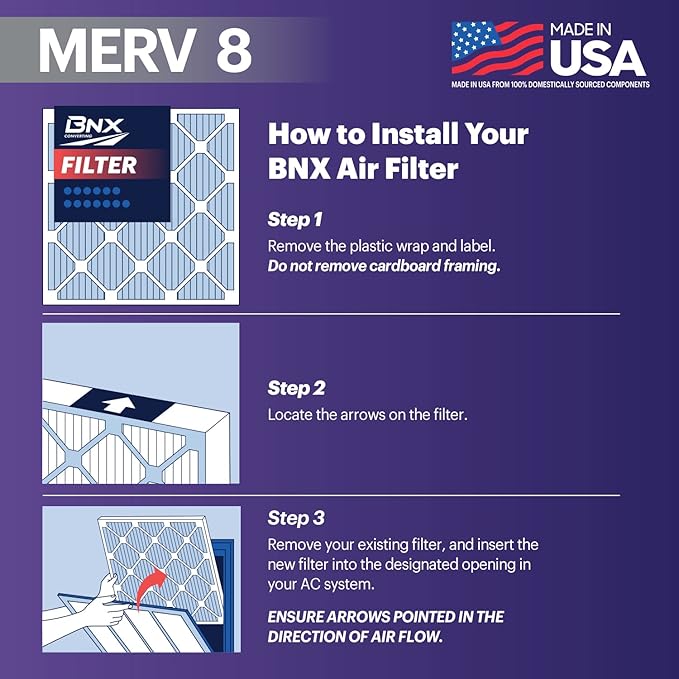 BNX TruFilter 20x25x1 Air Filter MERV 8 (12-Pack) - MADE IN USA – Dust & Pet Defense Electrostatic Pleated Air Conditioner HVAC AC Furnace Filters for Dust, Pet, Mold, Pollen MPR 600 – 700 & FPR 5