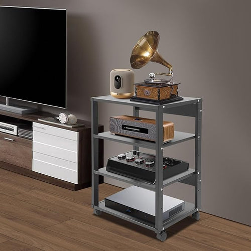 5-Tier AV Media Stand with Universal Wheels, Center Stereo Components Storage Stand, DVD/CD Holder with Adjustable Hole Spacing Movable Audio Media Stand for Living Room, Game Room (4 Tiers)