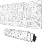 Desk Mat, White Topographic Contour Map Extended Gaming Mouse Pad Large, 35.4"x15.7" Big Mouse Pad with Non-Slip Base and Stitched Edge, Long Computer Keyboard Mouse Mat for Home Office Work
